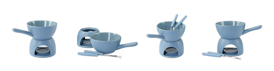 Modern ceramic fondue set on white background, collage