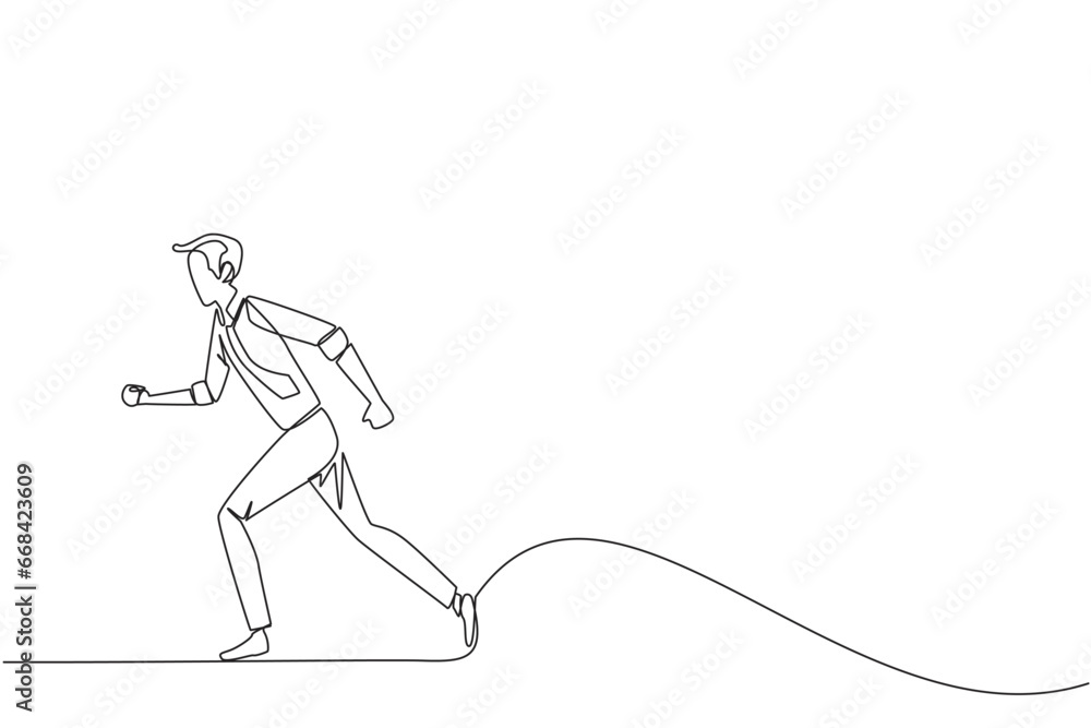 Poster single continuous line drawing businessman doing light exercise. walking or running aims to maintain