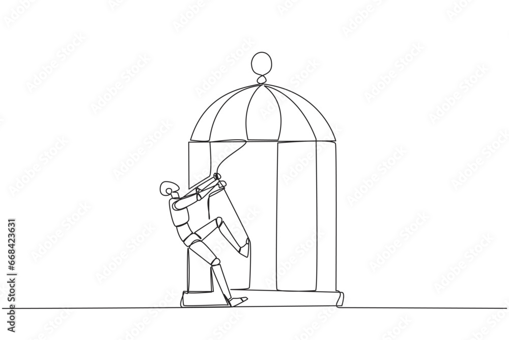 Poster single continuous line drawing smart robotic pull the iron bars until dented. describes anger. the r