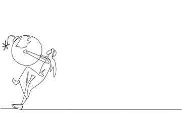 Single one line drawing Arabian businessman carrying bomb with a burning fuse. The concept of keeping danger away from the business environment to survive. Continuous line design graphic illustration