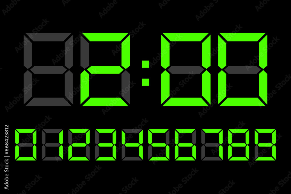 Poster light green digital led numbers. digital clock number set. electronic figures. vector illustration. 