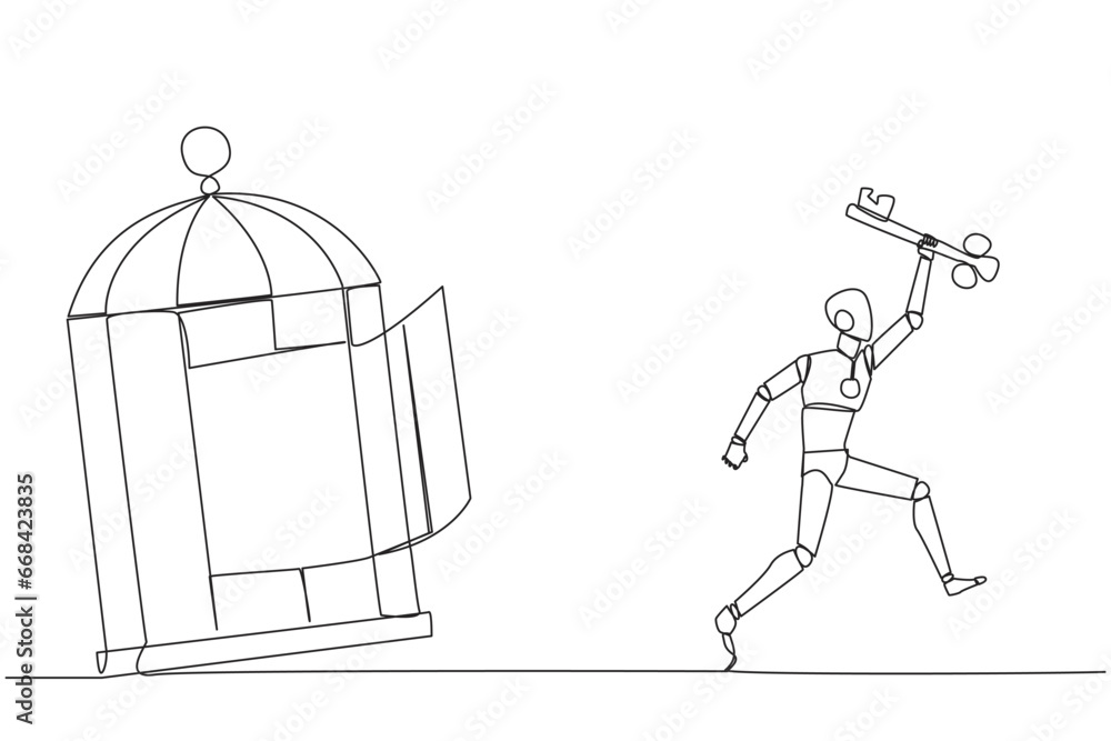 Poster single continuous line drawing smart robot running out of the cage holding the key. concept of freed