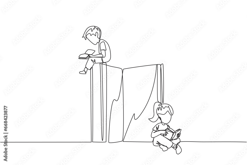 Poster continuous one line drawing children sit reading books while the big book is open. serious and focus