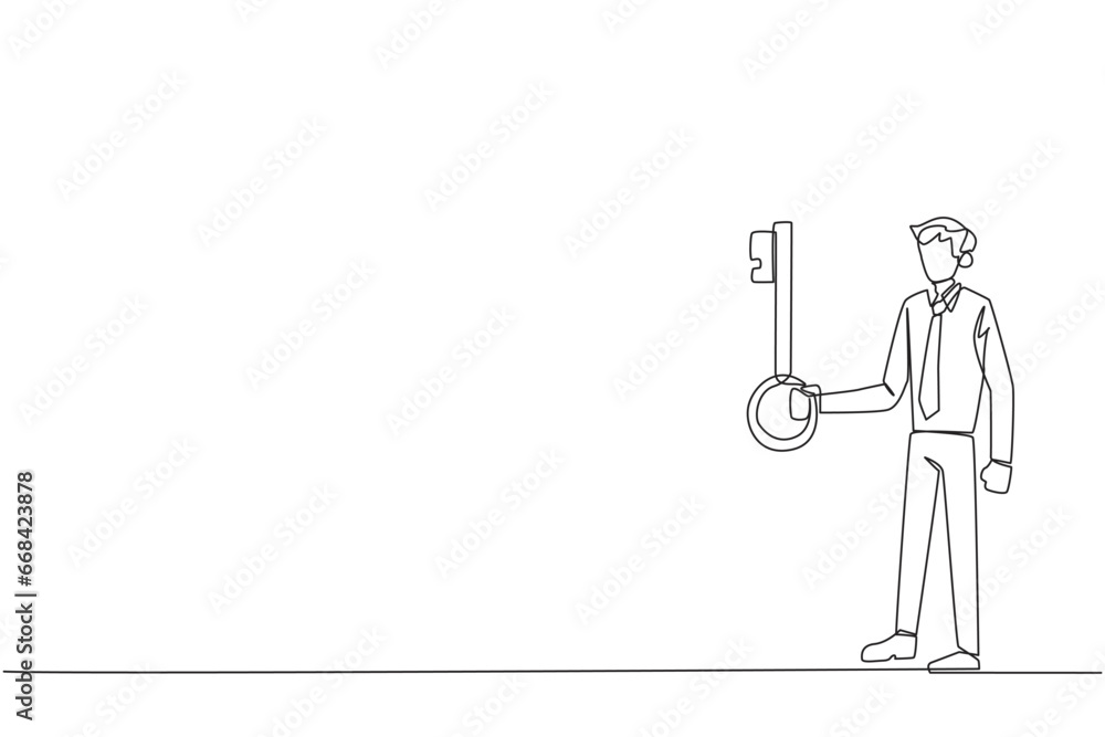 Poster single one line drawing businessman holding key. important key to increasing profits has been secure
