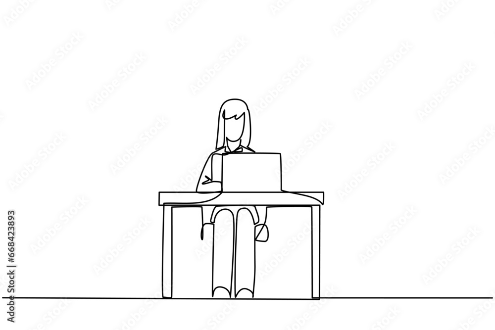 Poster continuous one line drawing businesswoman sitting and typing on laptop computer. prepare important d