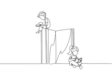 Continuous one line drawing children sit reading books while the big book is open. Serious and focus learning increases insight. Book festival concept. Single line draw design vector illustration