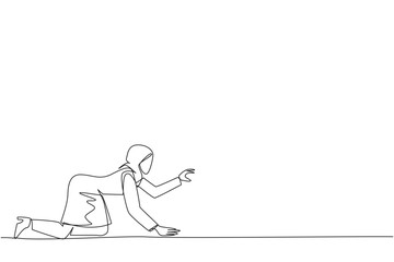 Continuous one line drawing crawl Arabian businesswoman. Trying to get up after being attacked by a pandemic. Starting from crawling, walking, then running fast. Single line draw vector illustration