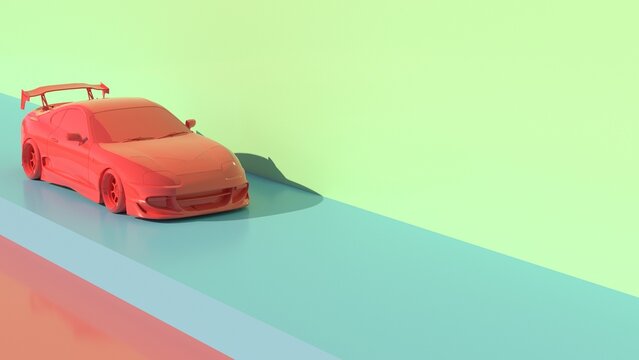 Concept hyper car. Stylized, toy looking hyper car. Pastel blue , red , pink green colors scene. 3D rendering for web page, studio, presentation or picture frame backgrounds.