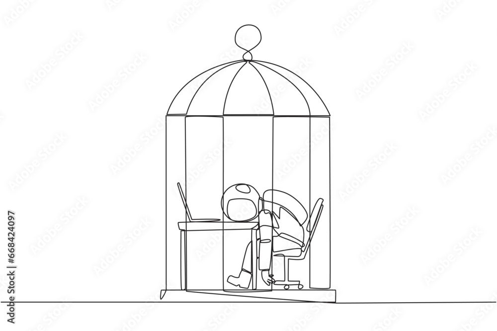 Poster continuous one line drawing astronaut trapped in the cage asleep on laptop. tired of repetitive rout