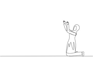 Single one line drawing Arabian businesswoman kneeling raising hands to pray. Praying to make it easier to do business. Businesswoman lost hope. Surrender. Continuous line design graphic illustration