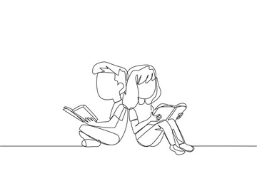 Continuous one line drawing kids sitting reading book. The new hobby of reading books helps to relax. One book one day. Good habits. Book festival concept. Single line draw design vector illustration