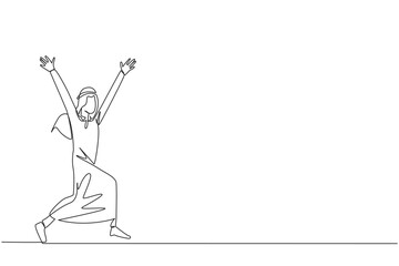 Single one line drawing Arabian businessman running to celebrate the success of business. Like a football player who scores goal, he celebrates. Success. Continuous line design graphic illustration