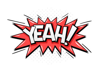 Comic speech bubble concept. Red clouds with yeah white inscription. Sticker for social networks and messengers. Cartoon flat vector illustration isolated on white background