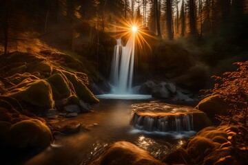 A hidden forest waterfall at sunset, where the world is bathed in warm, golden tones