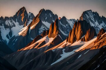 A rugged alpine ridge at dawn, with the first light breaking over the peaks.
