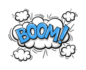 Comic speech bubble concept. White clouds with boom blue inscription. Superhero comics design element. Template and layout. Cartoon flat vector illustration isolated on white background