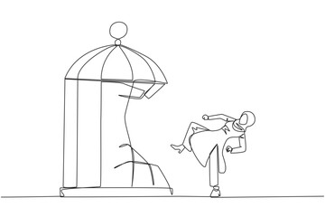 Continuous one line drawing Arabian businesswoman destroy cage with the kick. Metaphors remove the comfort zone trap. A genius entrepreneur for the company. Single line draw design vector illustration