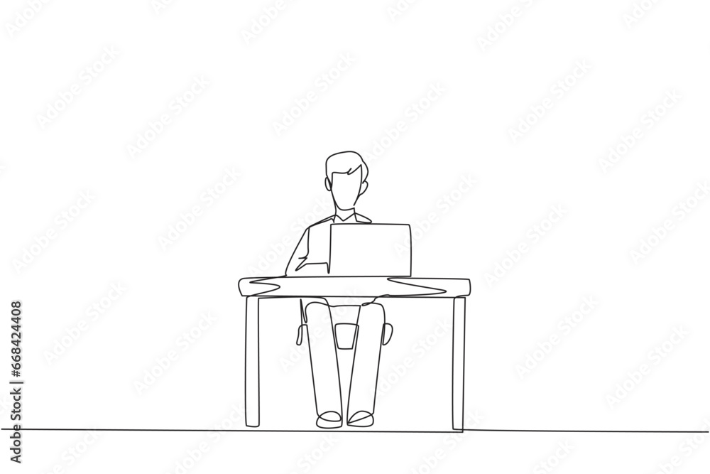 Poster continuous one line drawing businessman sitting and typing on laptop computer. prepare important dat
