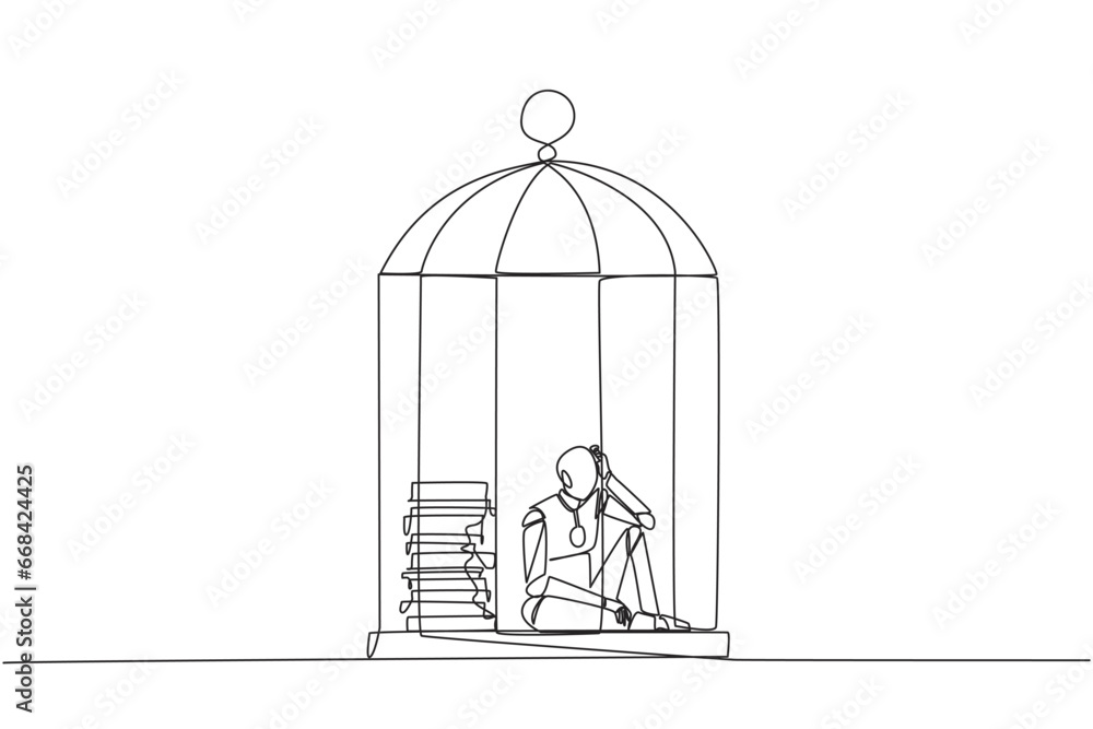 Poster continuous one line drawing robot trapped in the cage sitting down frustrated. stress with piling up