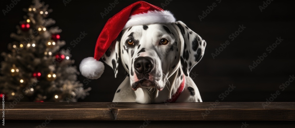 Poster Dalmatian dog with Santa hat on white background studio shot with space