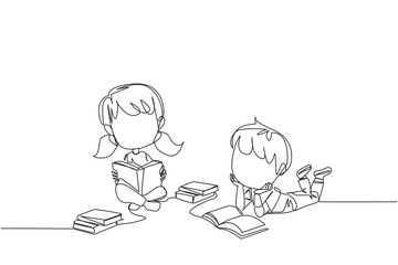 Continuous one line drawing kids who really likes reading. Everyday one book is read. Good habit. There is no day without reading book. Book festival concept. Single line design vector illustration
