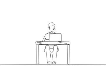 Continuous one line drawing businessman sitting and typing on laptop computer. Prepare important data to presenting in front of new investors. Hectic. Single line draw design vector illustration