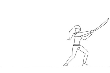 Single continuous line drawing businesswoman holding samurai. Stylized like samurai athlete guarding the business. Prepared to eliminate disrupt business growth. One line design vector illustration