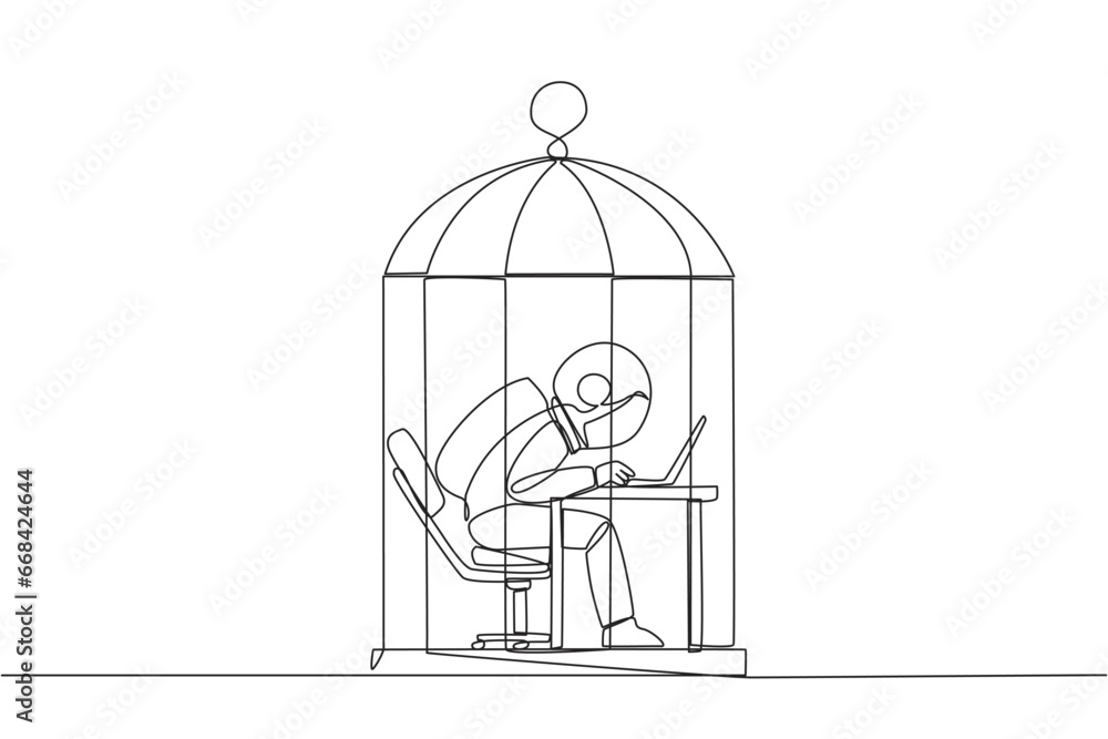 Poster single continuous line drawing astronaut trapped in the cage working on laptop computer. plan to tak