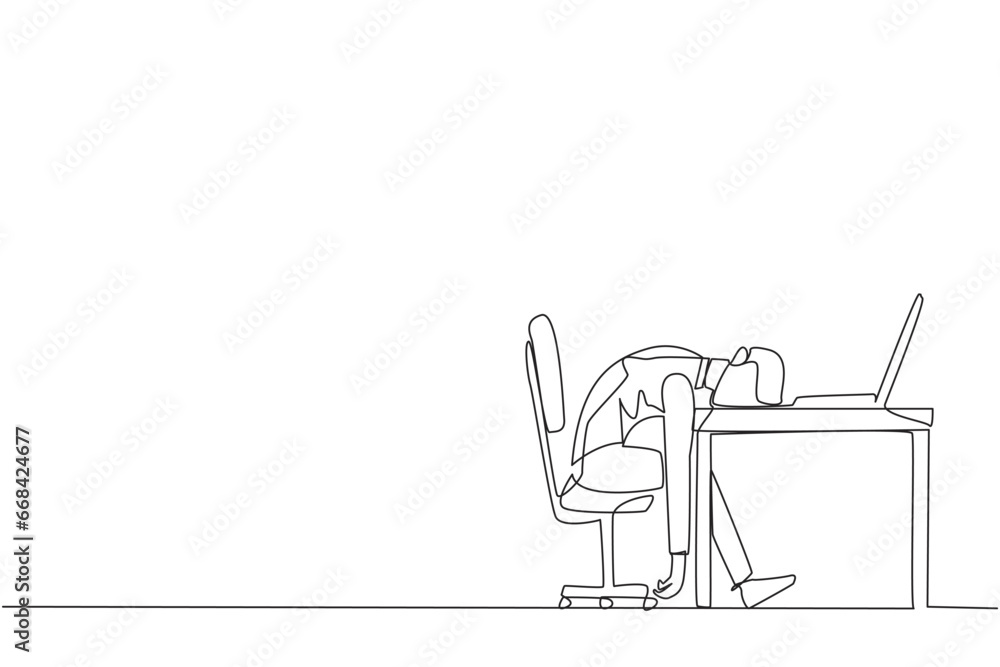 Poster continuous one line drawing businessman fell asleep in front of a laptop computer. fatigue running a