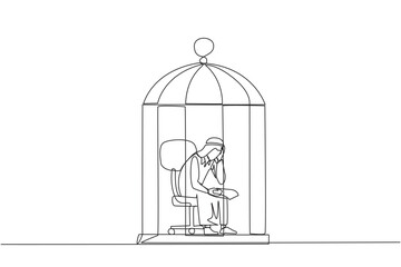 Single continuous line drawing Arab businessman trapped in cage sitting pensively holding paper. Failed business. Read the bankruptcy statement. Frustration. Sad. One line design vector illustration