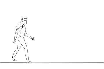 Single continuous line drawing young businesswoman walking to canteen to break and lunch. Taking time for a while to hone ideas back into brilliant ideas. Success. One line design vector illustration