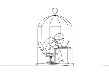 Single continuous line drawing astronaut trapped in the cage working on laptop computer. Plan to take annual leave to get away from routine. Workaholic. Overtime. One line design vector illustration