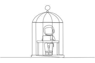 Single one line drawing astronaut trapped in the cage sitting and typing on laptop computer. Tiring routine. Unhappy astronaut with the many deadline. Continuous line design graphic illustration