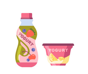 Dairy products set. Natural and organic milk eating. Fruity yogurt with berries and oranges. Social networks sticker. Cartoon flat vector collection isolated on white background
