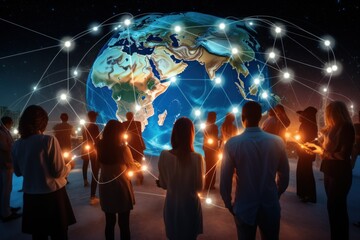 Global communication network with digitally connected people. - obrazy, fototapety, plakaty