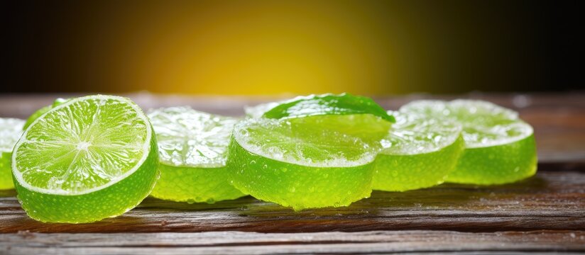 Close up shot of lime candy on wooden background