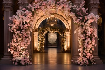 Fototapeta na wymiar Grand archways adorned with flowers and lights for a celebration entrance.