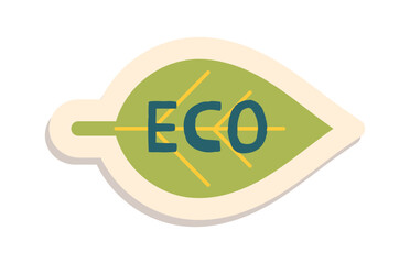 Eco sticker concept. Leaf with blue inscription. Natural and organic product. Care about nature and ecology, ecosystem. Cartoon flat vector illustration isolated on white background