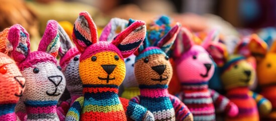 Colorful knitted toys for sale at souvenir shop Close up - obrazy, fototapety, plakaty