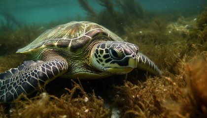 Fototapeta premium A green sea turtle swimming in the beautiful underwater reef generated by AI