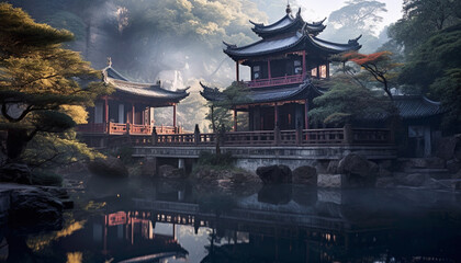 Fototapeta premium Ancient pagoda reflects on tranquil pond, showcasing Chinese culture generated by AI