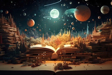 illustration of children's world through books, imagination, knowledge from books