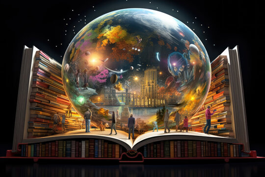 illustration of children's world through books, imagination, knowledge from books