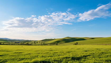 Obraz premium Idyllic rural meadow, green grass, blue sky, tranquil farmhouse generated by AI