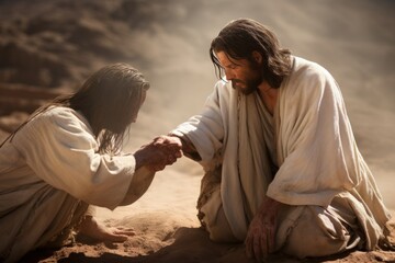 Jesus healing the blind man using mud and His divine touch.