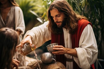 Jesus turns water into wine at the Cana wedding. - obrazy, fototapety, plakaty