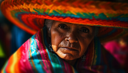 Fototapeta premium One woman, indigenous culture, traditional clothing, looking at camera generated by AI