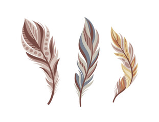 Set of feathers concept. Part of birds wings. Element of decor for Indian clothing. Culture and traditions, history. Cartoon flat vector collection isolated on white background