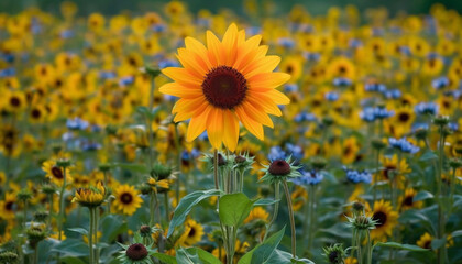 Fototapeta premium Bright yellow sunflower in a meadow, nature vibrant organic beauty generated by AI
