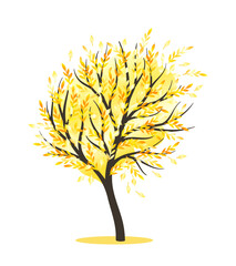 Simple spring tree concept. Changes of year seasons and weather. Plant with yellow foliage and leaves. Template and layout. Cartoon flat vector illustration isolated on white background